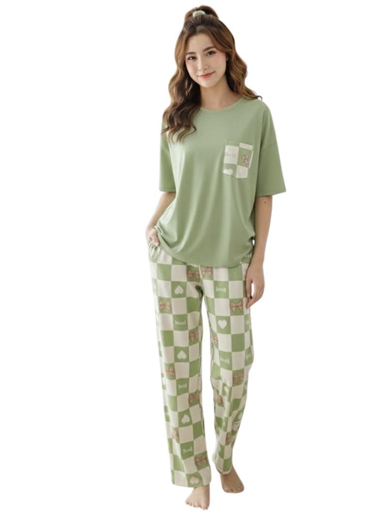 SHIENZY Women Korean Style Night Suit | Round Neck Short Sleeve Cute Printed Cotton Pajama Set for Girls & Women | Soft Nightwear, Lounge Wear, Sleepwear for Women | Co-ord Set(New-1695_GRN_S) Green