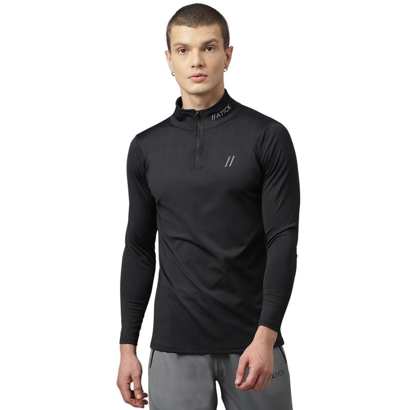 ATICX Polyester Full Sleeve Compression High Turtle Neck Sports Jersey T Shirt for Men - Quick Dry Fit Gym Workout Top for Running, Swimming, Training, Cycling, Football, Badminton, Jet Black, L