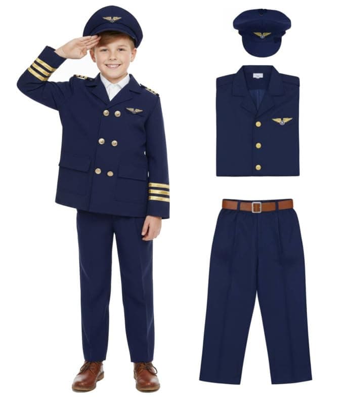 FancyDressWale Community Helper Blue Pilot Costume for Fancy Dress & School Events | Pilot Jacket, Pants & Cap Set | Career Role Play Outfit