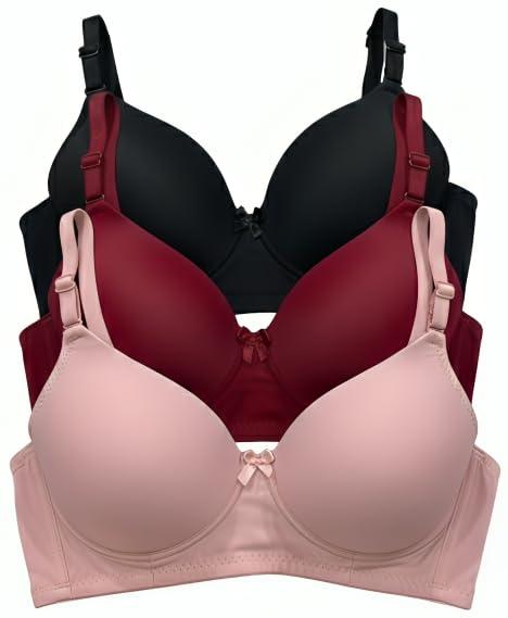 VELQIOURA Women's Nylon Lycra Lightly Padded Full Coverage Wirefree T-Shirt Bra Combo Pack of 3 (in, Cup Band, B, 34, Standard, Pink, MEHROON Black)