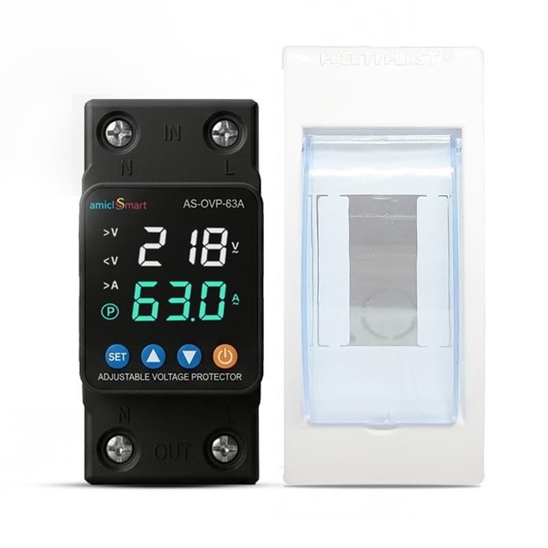 amiciSmart Automatic Over/Under Voltage and Over Load Protection (Adjustable Setting) with Auto Re-Connect LED Display Standard Din-Rail Mounted Single Phase 63A with Weather-Proof Mount