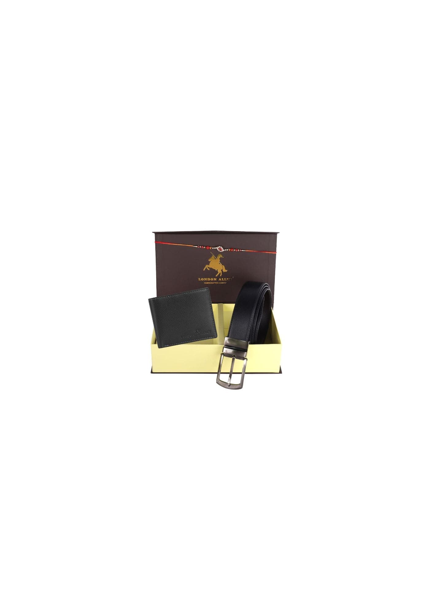 LONDON ALLEY Rakhi Gift Hamper - Black Leather Wallet, Reversable Brown/Black Belt & Traditional Rakhi Combo Gift Box for Men