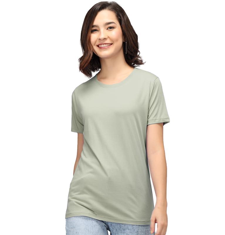 SLEEPY NUTS Women Boyfriend Plain Round Neck Half Sleeve T-Shirt (Sage Green -XL)