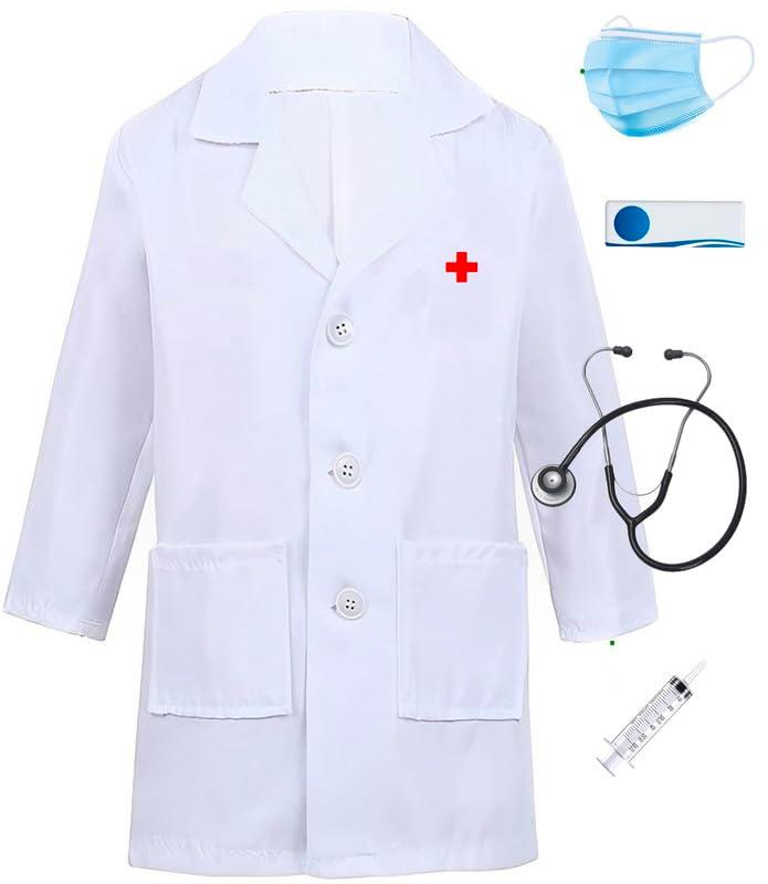 YUPPIN Polyester Doctor Dress For Boys And Girls With Name Badge, Mask, Strethoscope And Syringe For Fancy Dress Competition Community Helper Costume (5-6 Years), White