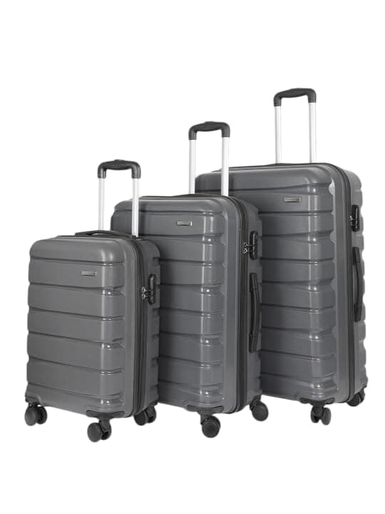 Teakwood Small-Medium-Large 8 Wheels Trolley Bag, Hard Cabin with Zipper Closure, Adjustable Push Button & Cross Side Strap, TSA Lock System 360 Degree (Set of 3, Grey)