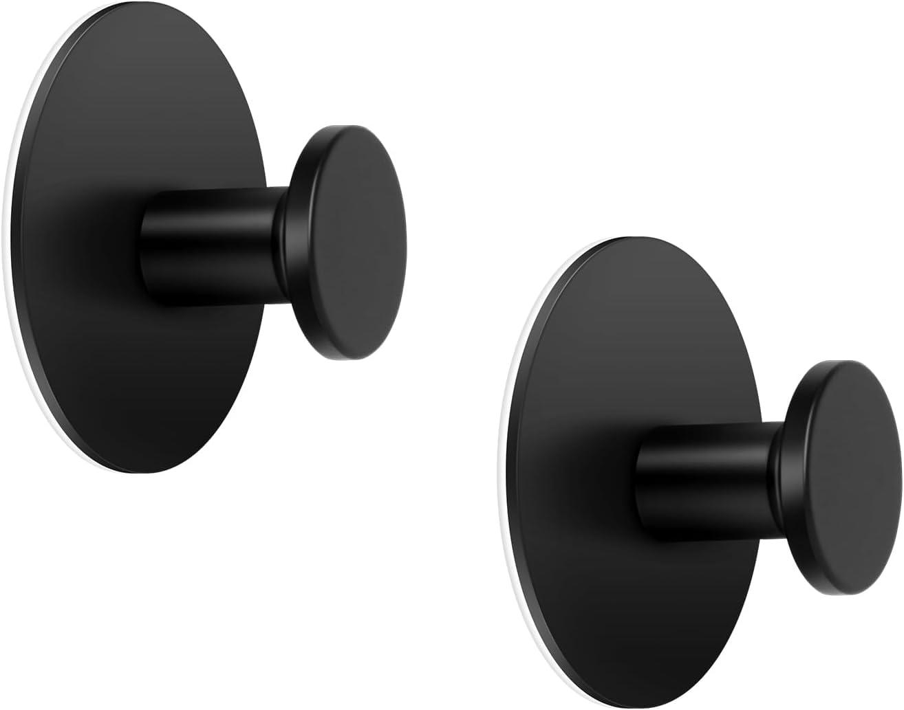 JIALTO 2 pcs Self-Adhesive Stainless Steel Hooks: Heavy-Duty Wall Hangings, Waterproof & Drill-Free - Strong Towel, Coat, and Kitchen Hooks for Bathroom and Kitchen (Round Black Towel Hook)