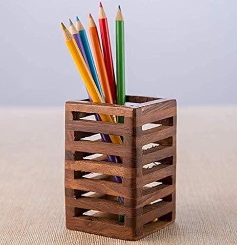 Craft Mshopr Handmade Wooden Pen Stand – Brown Pen Holder for Office Desk, 2.5" × 2.5" × 4"
