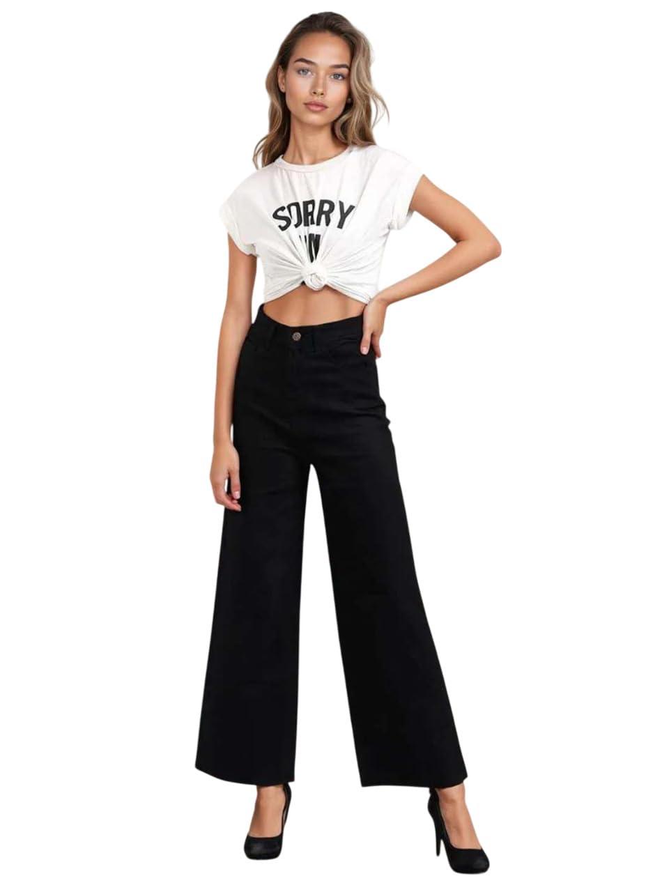 KOTTY Womens High Rise Cotton Lycra Clean Look Regular Length Flared Denim Jeans Black