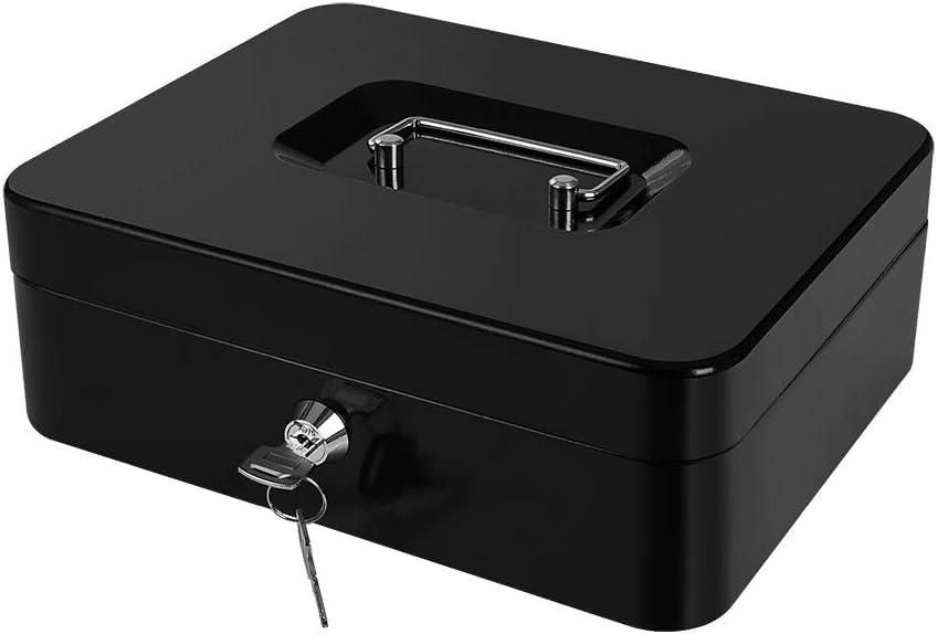 Wosta Cash Money Safe Box - Compact Solid Steel Lockable Security Storage Chest for Loose Money, Coins, Change & Valuables with 2 Keys - Removable Tray with 5 Coin Sections, 1 Bill Section - 8 Inch