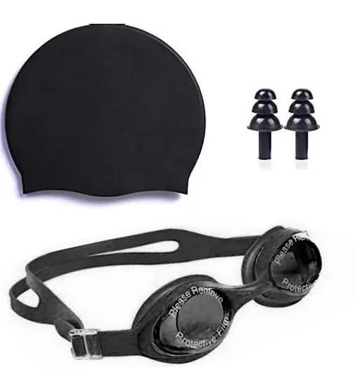 Protoner Swimming Set with Goggles, Cap and Ear Plugs (Black)