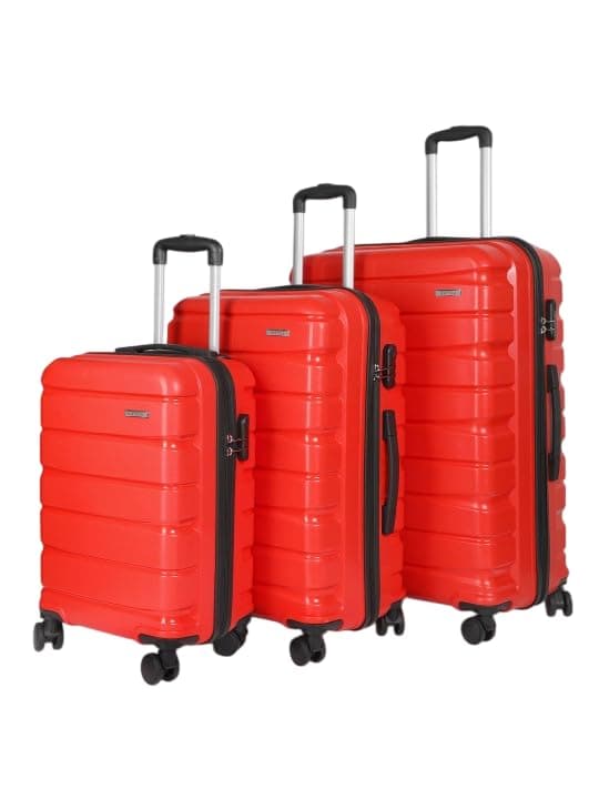 Teakwood Small-Medium-Large 8 Wheels Trolley Bag, Hard Cabin with Zipper Closure, Adjustable Push Button & Cross Side Strap, TSA Lock System 360 Degree (Set of 3, Red)