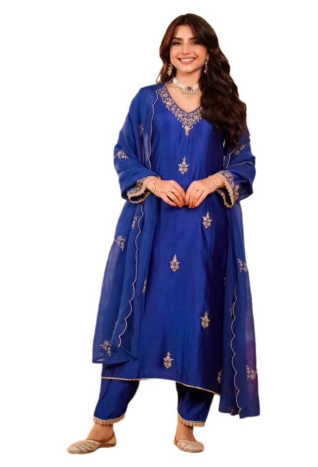 Klosia Women Embroidery Solid Straight Kurta and Pant Set with Dupatta (in, Alpha, 2XL, Blue)