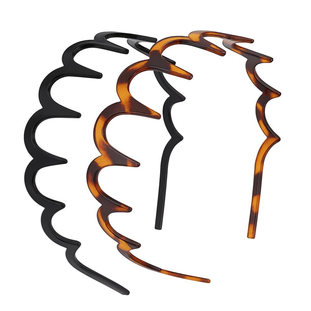 Seeotwo 2 Pieces Hairband Non-Slip Black Wave Sports Yoga Headband Fashion Adjustable Wavy Hair Hoop Band for Women and Girls