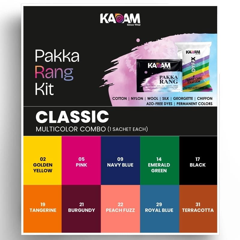 Kadam Pakka Rang Fabric Dye for Clothes Permanent | Multicolour Combo C2 Classic (Golden Yellow, Pink, Navy Blue, Emerald Green, Black, Tangerine, Burgundy, Peach Fuzz, Royal Blue, Terracotta) | Fabric Colour Set with DyFix Fixer