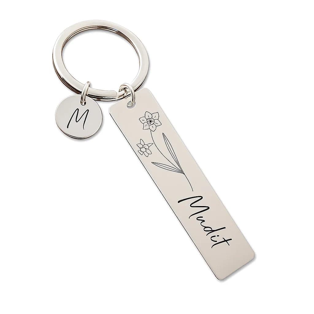 BAWLI BOOCH Personalized Stainless‑Steel Birth Flower & Name Keychain – Double‑Sided Engraving (Silver)