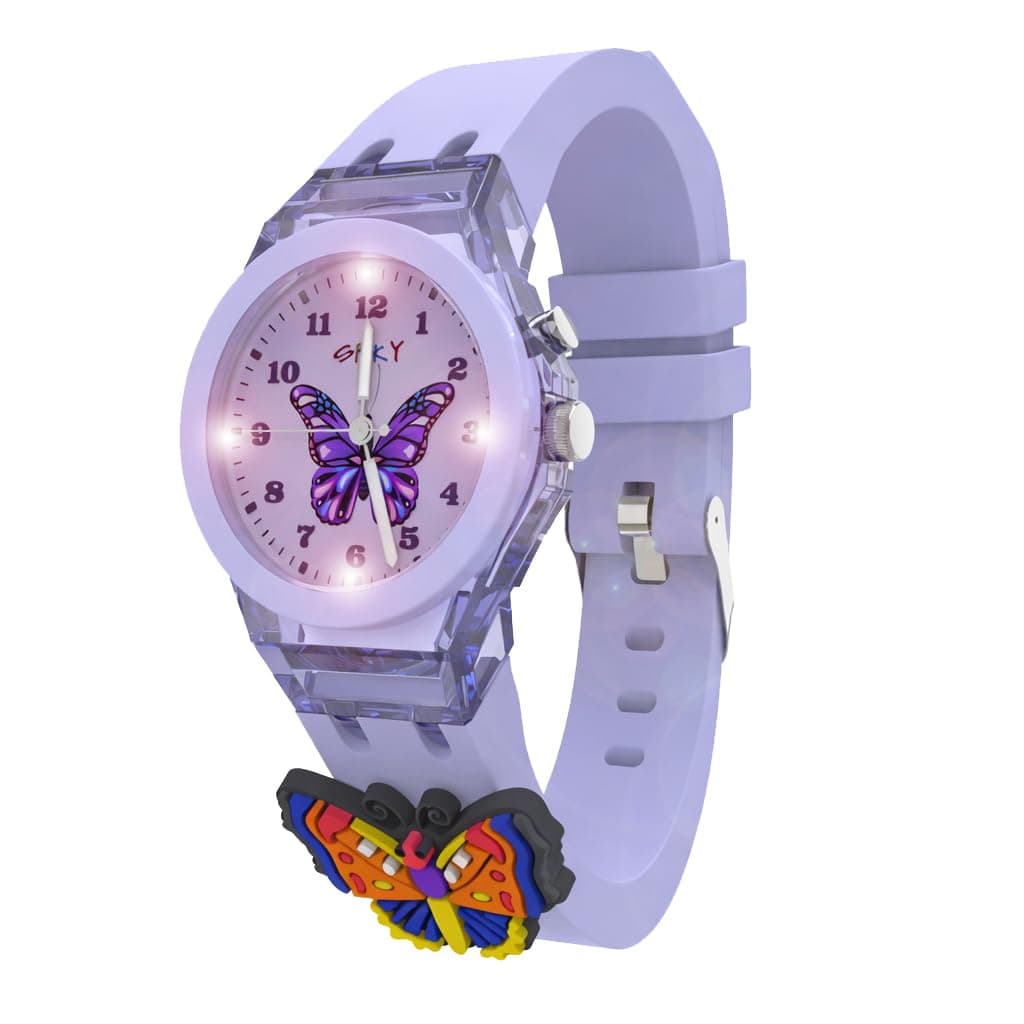 SPIKY Analog Watch For Kids (Purple) | 3D Butterfly Cartoon | 7 Multicolor LED Luminous Lights with Silicone Strap | Children’s Unisex Best Birthday Gift | Analogue Wrist Watches For Girls & Boys | Age 3-10 Yrs