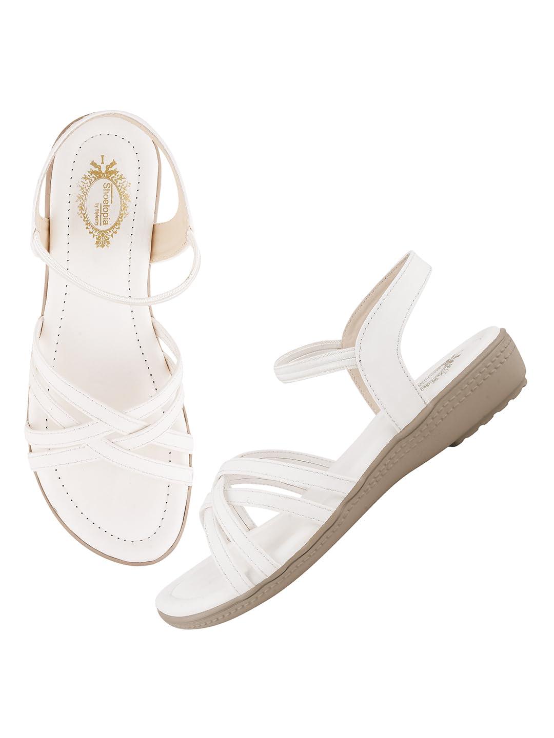 Shoetopia White Women's Comfort Sandals | Elastic Back Strap Flats | Soft Cushioned Lightweight Casual Sandals | Open Toe Daily Wear Walking Footwear EU36