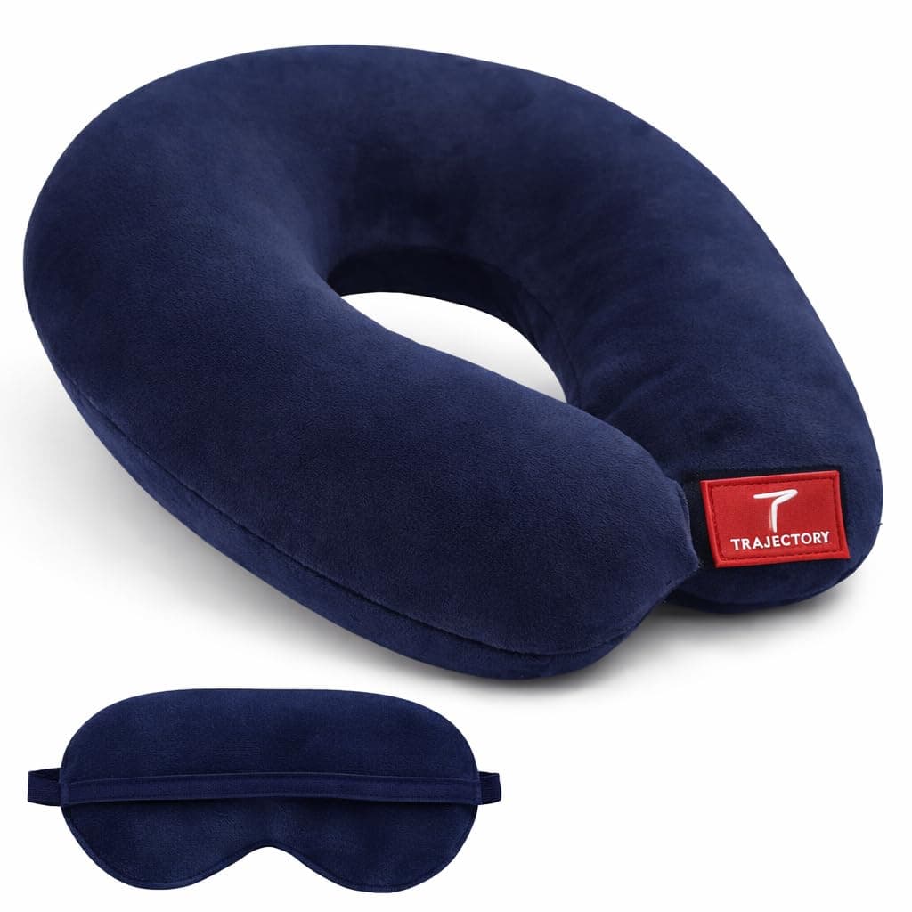 Trajectory Travel Neck Pillow with Sleeping Eye Mask Combo for Travelling and Sleeping in Airplane Flight, Cab, Car, Train, Bus for Men and Women Blue(As seen on Shark Tank)