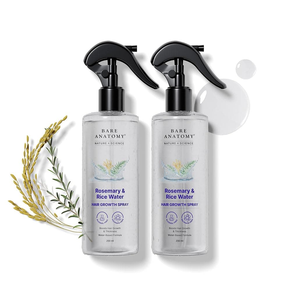 Bare Anatomy Nature x Science Rosemary Water Spray for Hair Growth & Hair Thickness with Rice Water | 100% Natural Extract | Soft & Smooth Hair | Controls Hairfall & Adds Shine | Non-Greasy & Fast Absorbing | 200 ml (Pack of 2)