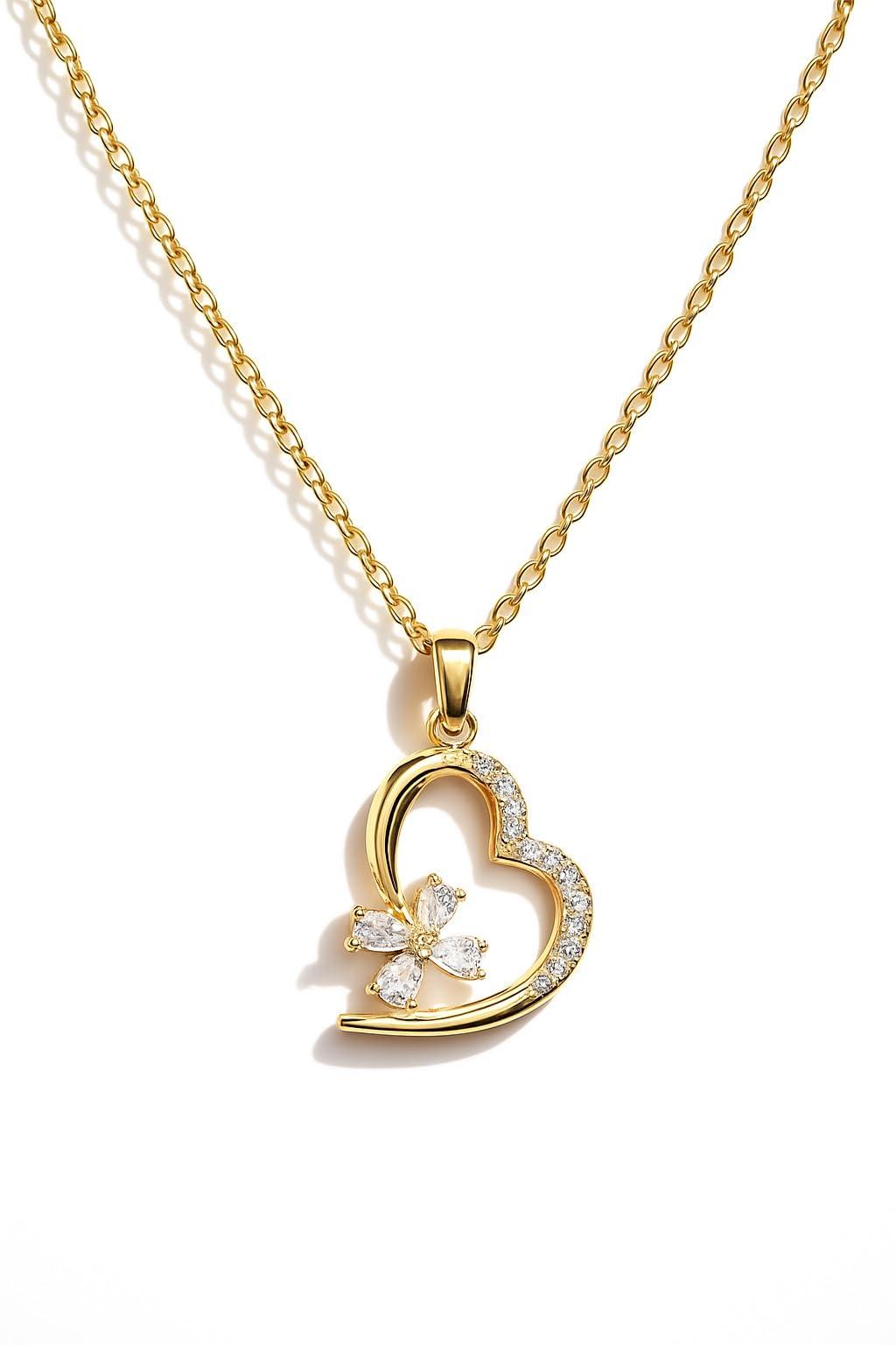 MEENAZ Jewellery Gold Heart Pendant Necklace for Women | Butterfly AD Stone Love Charm Locket | Adjustable Chains | Stylish Necklace Set | Anti Tarnish |Valentine Gift for Girls Woman Girlfriend