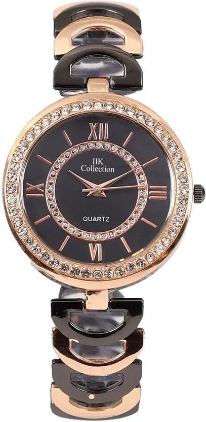 IIK COLLECTION Watches for Women Round Studded Dial |Analogue Quartz Movemnet Ladies Watch|Long Battery Life|Stainless Steel Adjustable Bracelet Chain Strap|Double Lock Clasp Safety Watches for Girls