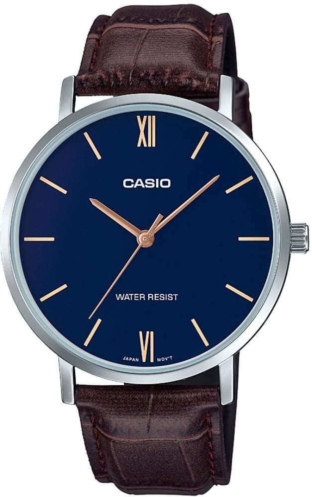 Casio MTP-VT01L-2B Men's Minimalistic Blue Dial Brown Leather Band Analog Watch