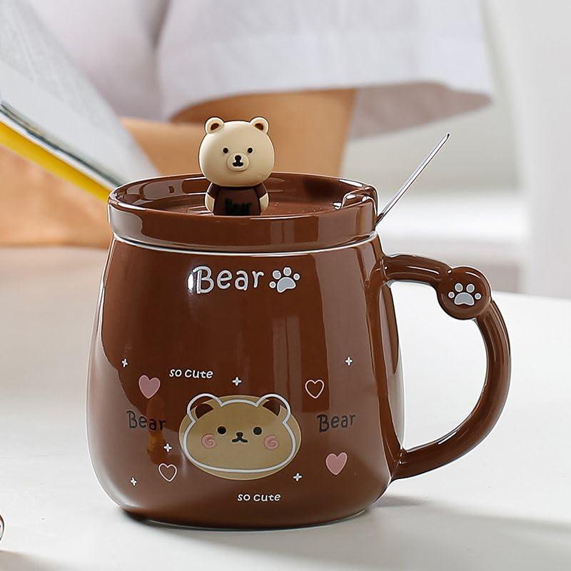 Vasukie Bear Coffee Mug with Lid & Steel Spoon, Mugs for Coffee, Rakhi for Brother, Birthday Gift, Gifts for Woman, Ceramic Mug, 3D Bear Coffee Mug (Bear Mug)