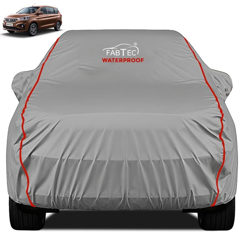 FABTEC Waterproof Premium Car Cover for Maruti Ertiga Super Waterproof Car Body Cover Heavy Duty Durable PEVA Grey with Red Piping
