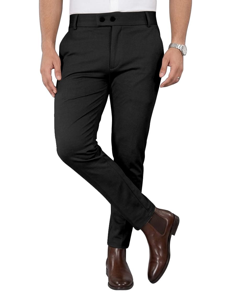 Mehrang Men's Slim Fit Casual Mid Rise Trousers, Cotton Blend, Side Pockets (in, Numeric, 36, Regular, Black)