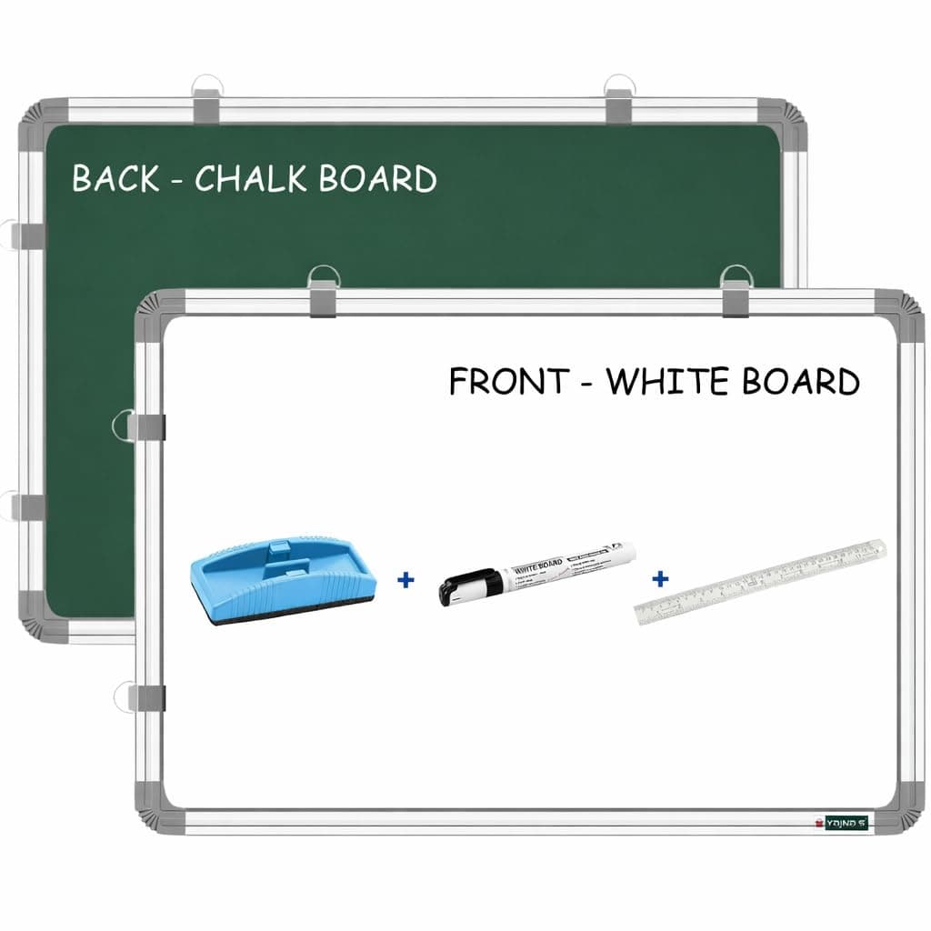 YAJNAS Aluminium White Board 3 Feet X4 Feet Non Magnetic Double Sided | Front Side Whiteboard and Back Side Chalk Board, 1 Duster, 1 Markers & 1 Scale for School & Office - Pack of 4 Items