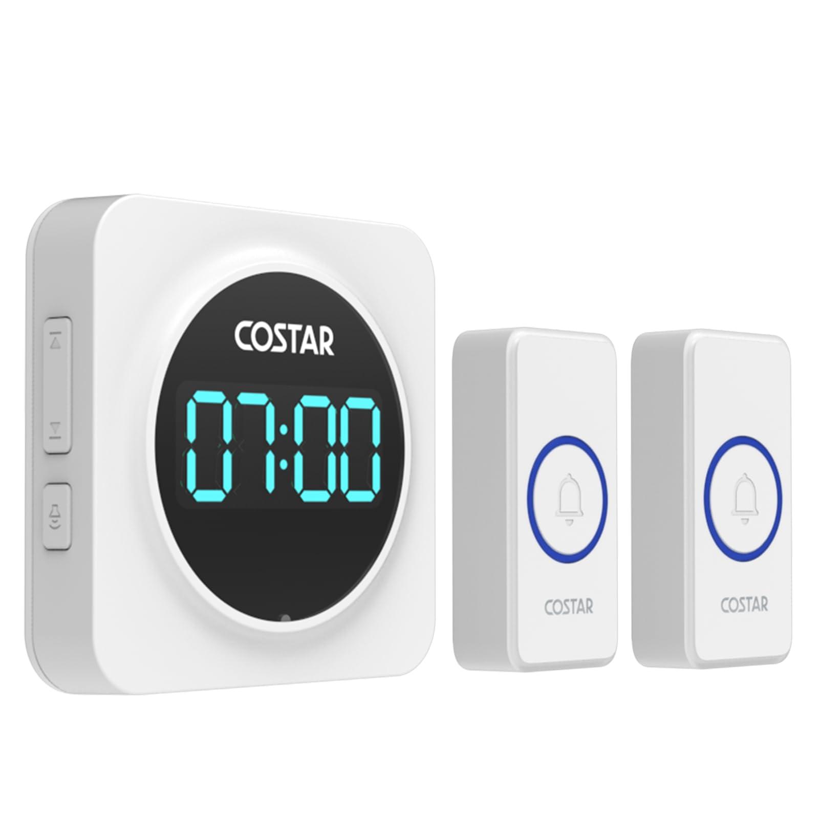 Costar Door Bell - Calling Bell Wireless with 24-Hour Time Display, Wireless Doorbell for Home, 1000ft Range Operating with 58 Chimes, 5 Levels Adjustable Volume(Pebble 705 White 2 Push Button)