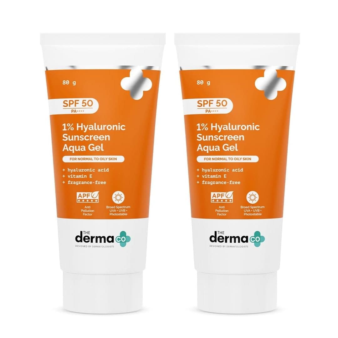 The Derma Co 1% Hyaluronic Sunscreen Aqua Gel SPF 50 PA++++ | In-Vivo Tested | Hyaluronic Acid for Deep, Long Lasting Hydration | Ultra Lightweight Texture I Non-Greasy, No White Cast | Broad Spectrum Protection & Blue Light Protection | Tan Protection | Photostable | For Men & Women | 80 g x 2
