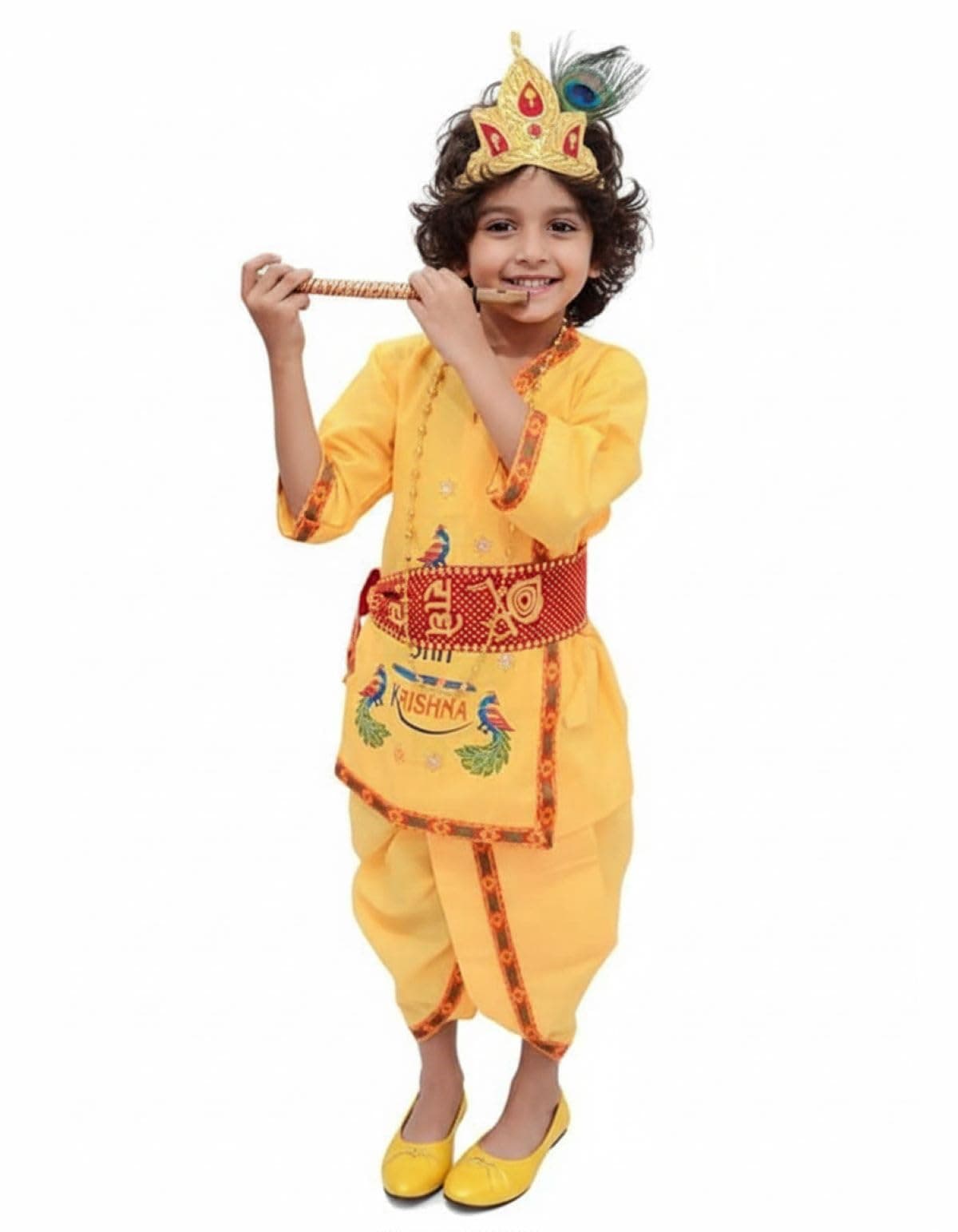 BookMyCostume Cotton Krishna Dress For Baby Boy|Print Shri Krishna Costume For Kids With Patka,Flute,Mukut & Mala|Janmashtami Photoshoot Outfit|Fancy Dress Roleplay Costume For Kids|6-12 Months