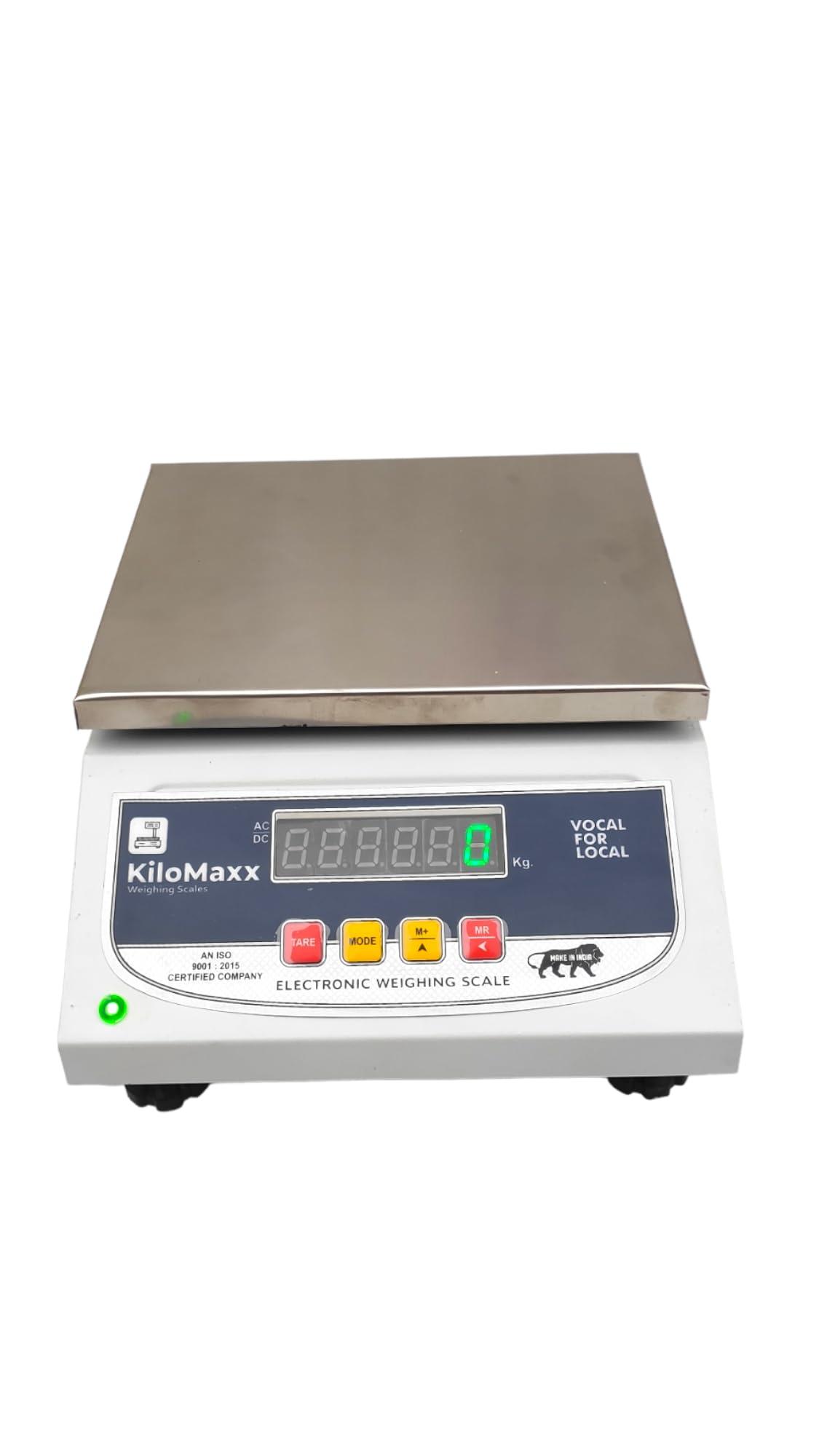 KiloMaxx KM-90, 30kg Electronic Weighing Machine/Weighing Scale with Front & Back Double UltraBright Green Display for Kirana Shop, Industrial Uses and Factories (Stainless Steel Pan, 7 * 9")