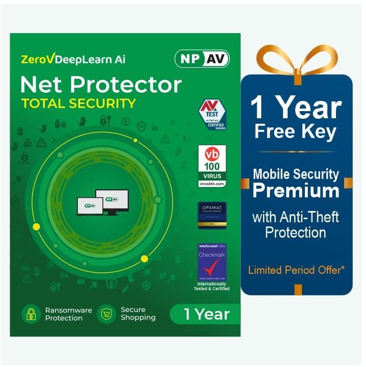 Net Protector Antivirus - Total Security 2026 | Windows PC/Laptop |1 PC -1 Year with ZeroVDeepLearn Ai | + 1 Year Mobie Security Premium for Android with Anti-Theft Protection (Email Delivery in 1 Hour - No CD)