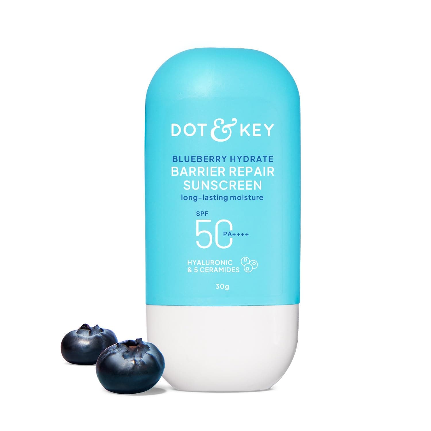 Dot & Key Blueberry Hydrate Barrier Repair Sunscreen In-Vivo Tested SPF 50+ PA++++ | With Ceramides & Hyaluronic, Hydrates & Protects Skin | Repairs Damaged Skin, Lightweight, Non-Sticky, Non-Greasy | 30g