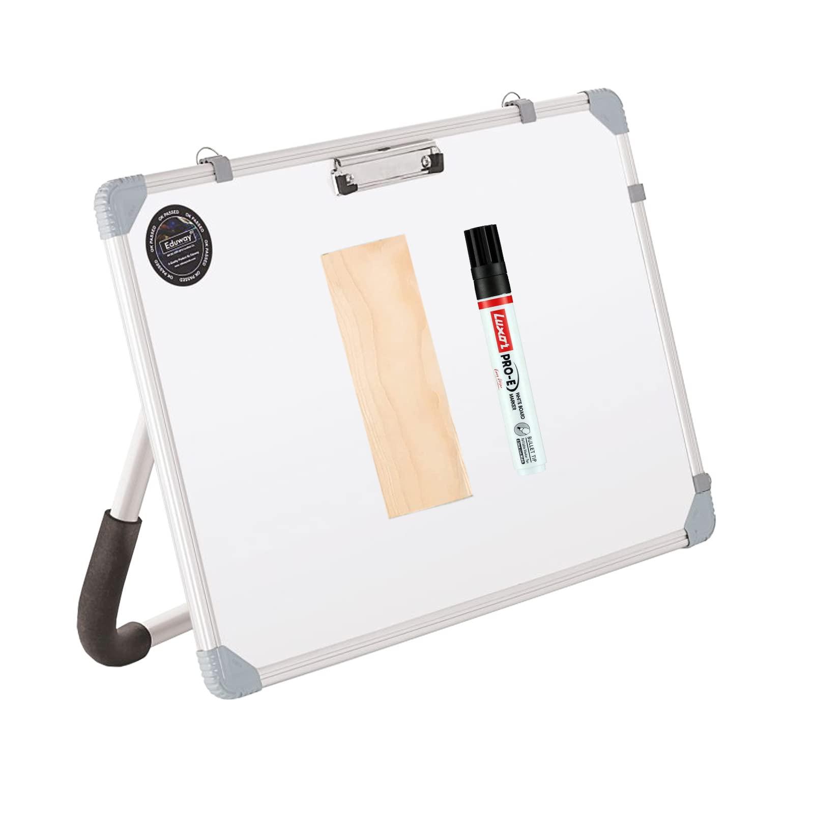 Eduway Non-Magnetic Dry Erase 1x1.5 Feet White Board with Stand | Standing Whiteboard | Table Top with Paper Clip for Study, Memo, to Do List, with 1 Marker Pen, 1 Duster, 12x18 Inches