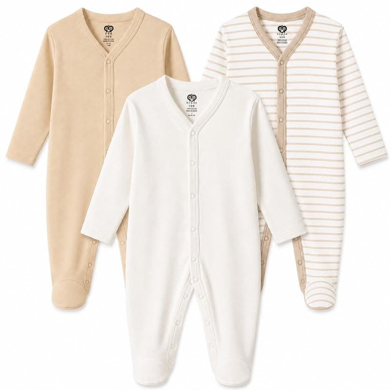 EIO Pack of 3 Baby Rompers for Boys & Girls | 100% Cotton Full Sleeve Sleepsuit Jumpsuit | Soft Breathable Newborn Baby Clothes | Infant Night Suit