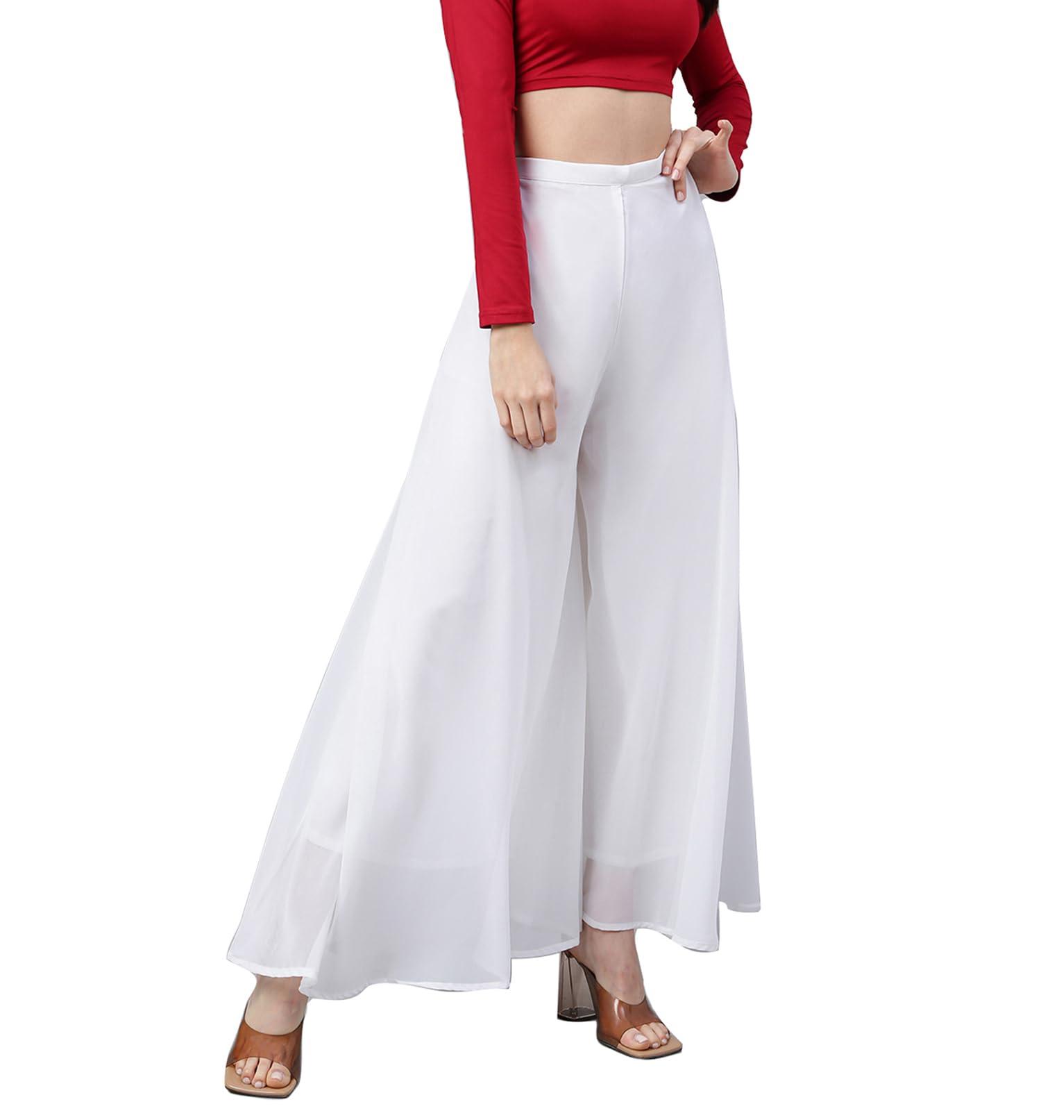 RATAN Women's Georgette Flared Freesize Relaxed Fit High Rise Sharara Palazzo Pant With Lining (White_Onesize)
