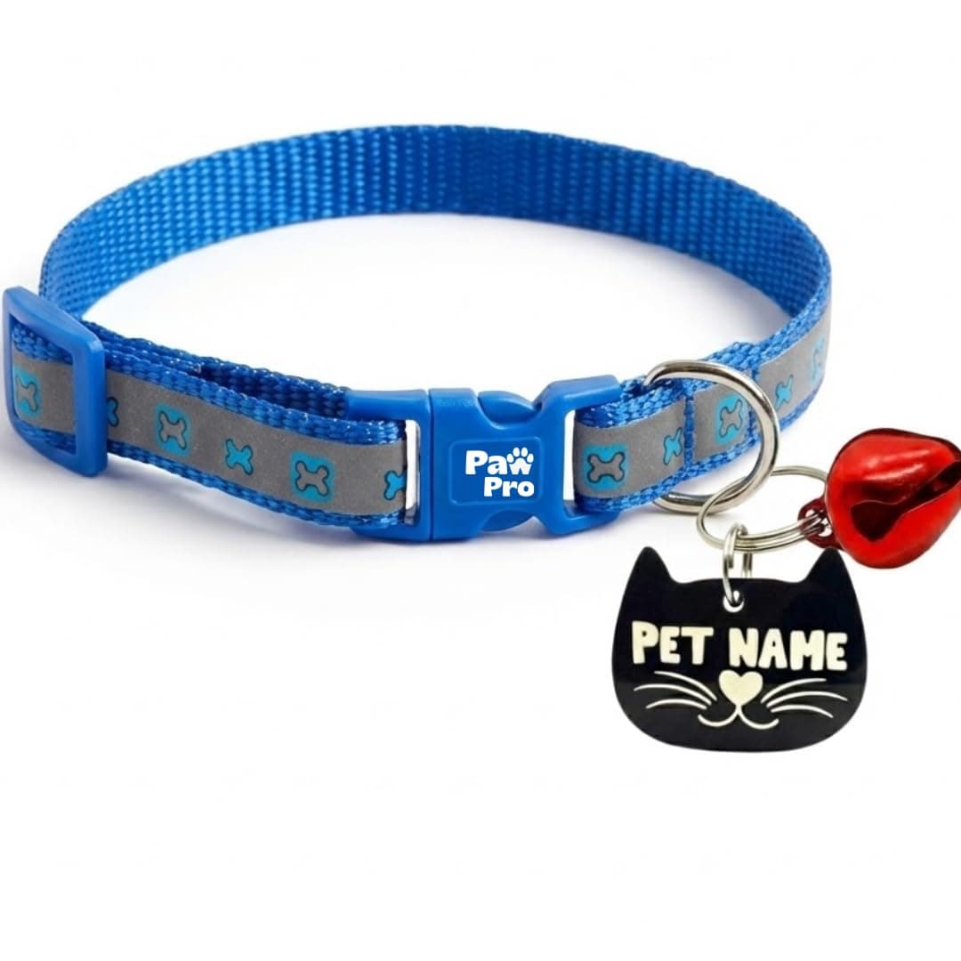 PAWPRO HANDMADE Reflective Cat Collar with Custom ID Tag – Adjustable Collar with Bell for Cats & Small Dogs – Personalized Name Tag (Ocean Pup)