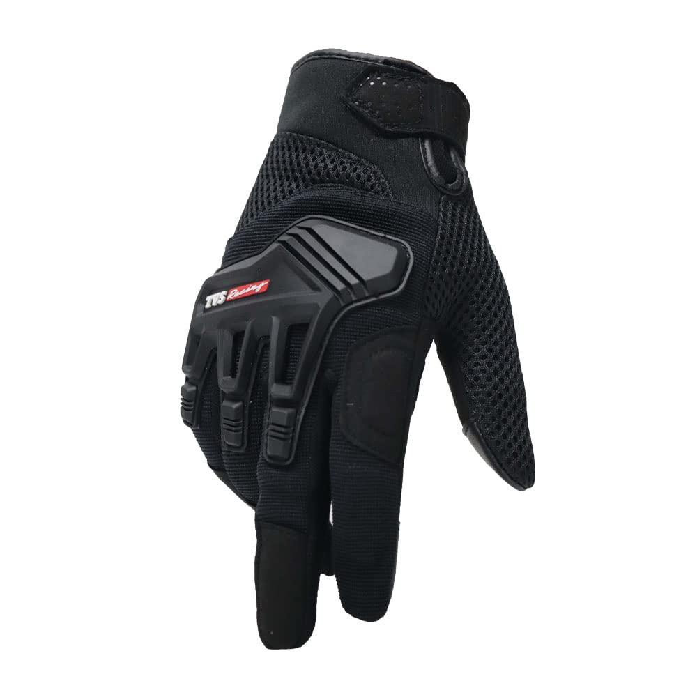 TVS Riding Gloves for Men-Mesh for Ventilation, Bike Riding Gloves With Touch Screen Compatible & Visor Wiper Fingertips, TPR Protection for Knuckles-Premium Bike Gloves for Riding Comfort (Black-M)