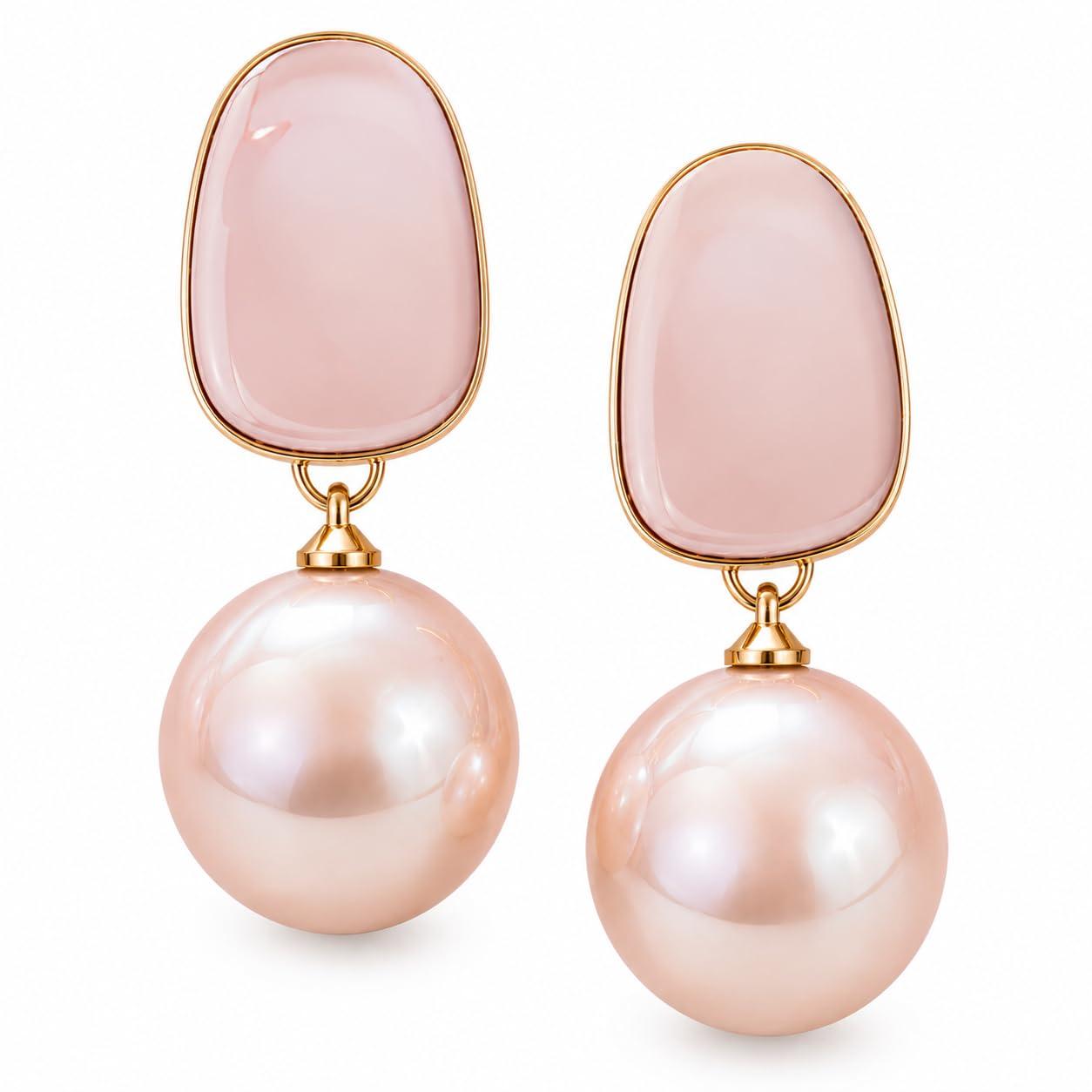 MASIWEAR Rose Pearl Korean Drop Earrings for Women | Gold Plated Pink Stone & Large Pearl Dangle Earrings | Elegant Minimalist Party, Wedding, Office & Daily Wear Fashion Jewelry
