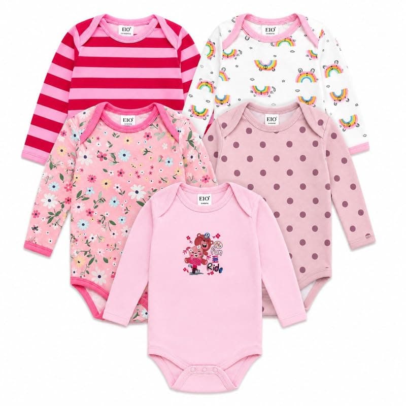 EIO Unisex Baby Full Sleeve Cotton Bodysuit Pack of 5 | Soft Breathable Romper with Envelope Neck & Snap Buttons | Newborn Baby Clothes