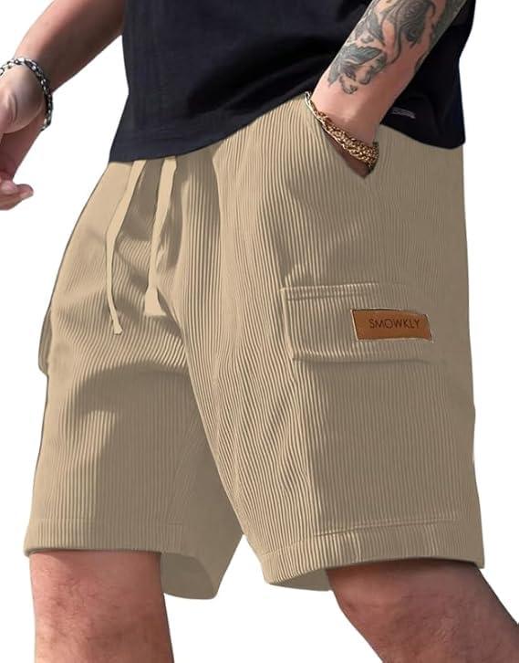 SMOWKLY Authentics Classic Men's Ribbed Polycotton Relaxed Fit Cargo Stretch Shorts || Half Pant with Drawstring & 4 Pockets || Lightweight & Quick Dry (1668_CK_XL)