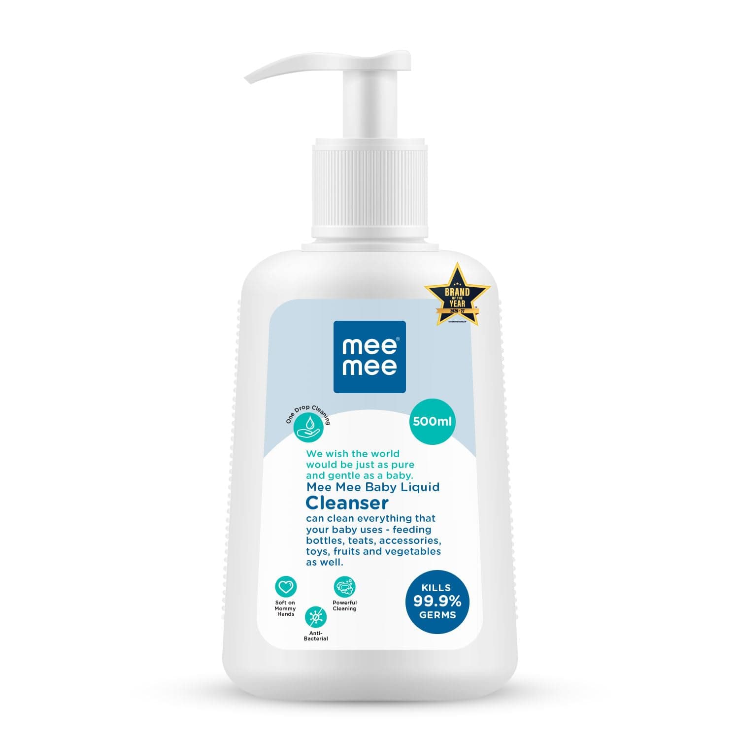 Mee Mee Baby Liquid Cleanser 500 ml, Anti-Bacterial Kills 99.9% Germs | for Bottles, Nipples, Accessories, Toys, Fruits & Vegetables | No Alcohol, Dermatologically Tested
