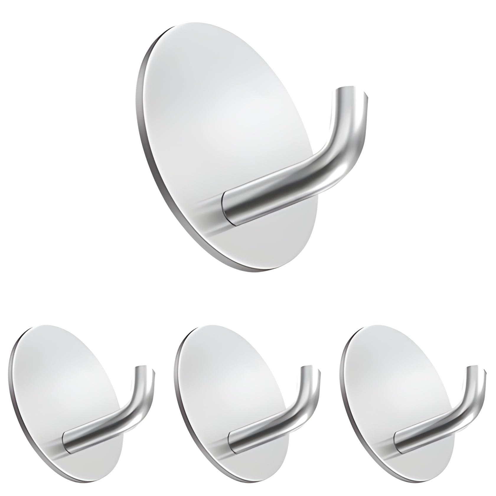 JIALTO 4 Pcs Self-Adhesive Stainless Steel Hooks: Heavy-Duty, Waterproof Wall Hangers for Bathroom and Kitchen - Strong Hold for Coats, Towels, and More, No Drilling Needed (J Round Silver)