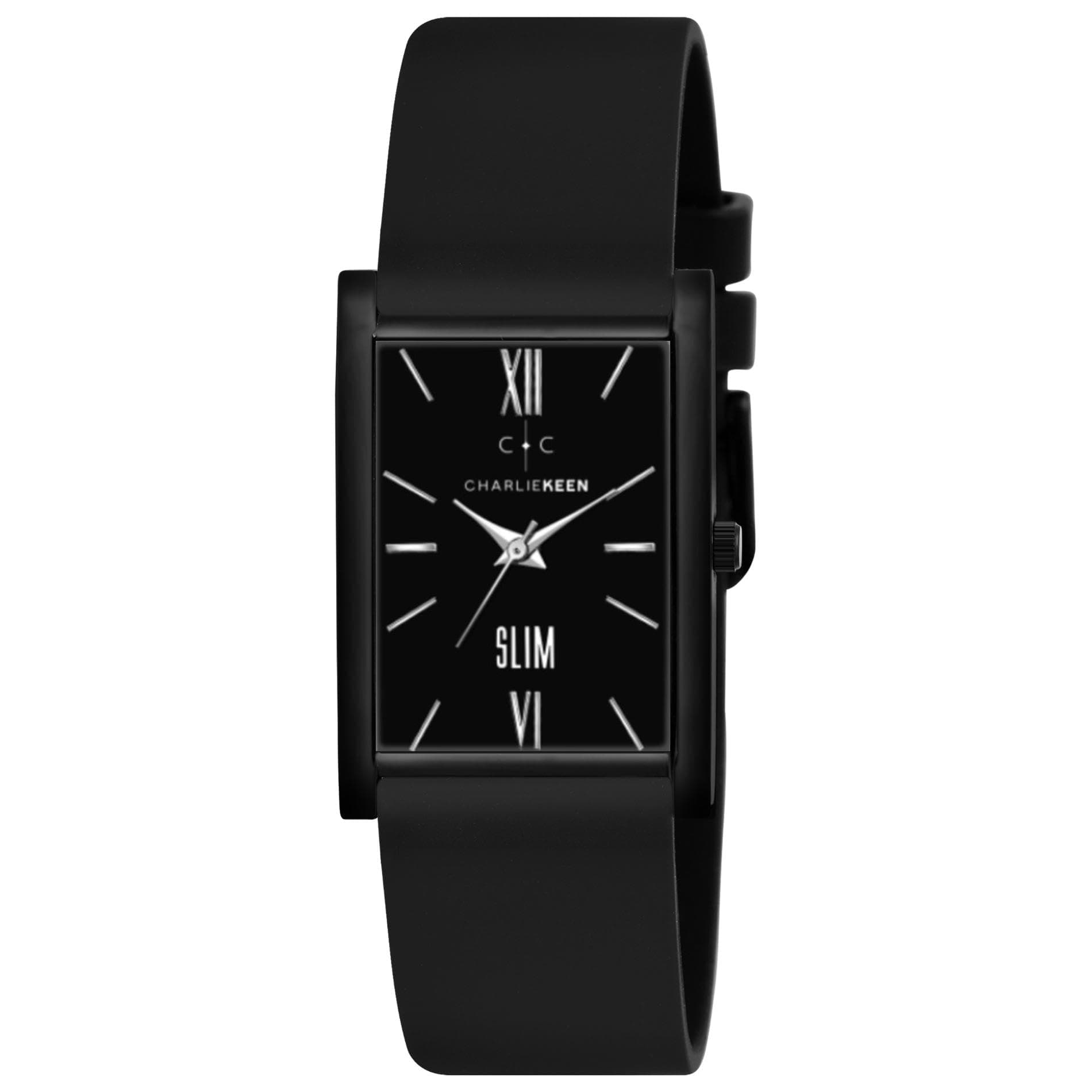 CHARLIEKEEN Slim Analogue Watch, Black Dial, Leather Strap (Full Black)