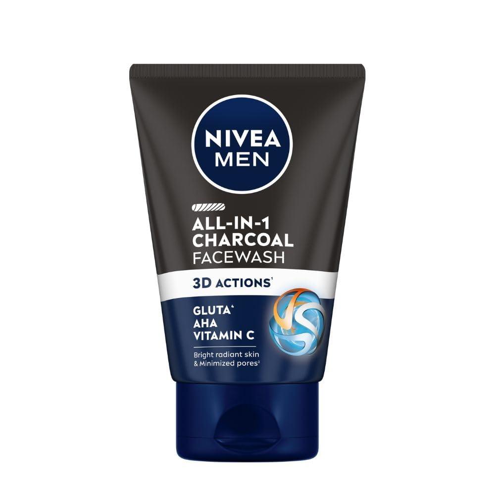 NIVEA MEN All in 1 Charcoal Face Wash | Natural Charcoal, Gluta, AHA & Vitamin C | Helps Reduce the Appearance of Tan | Removes Excess Oil and Minimizes Pores | For Bright Radiant Skin | 100g