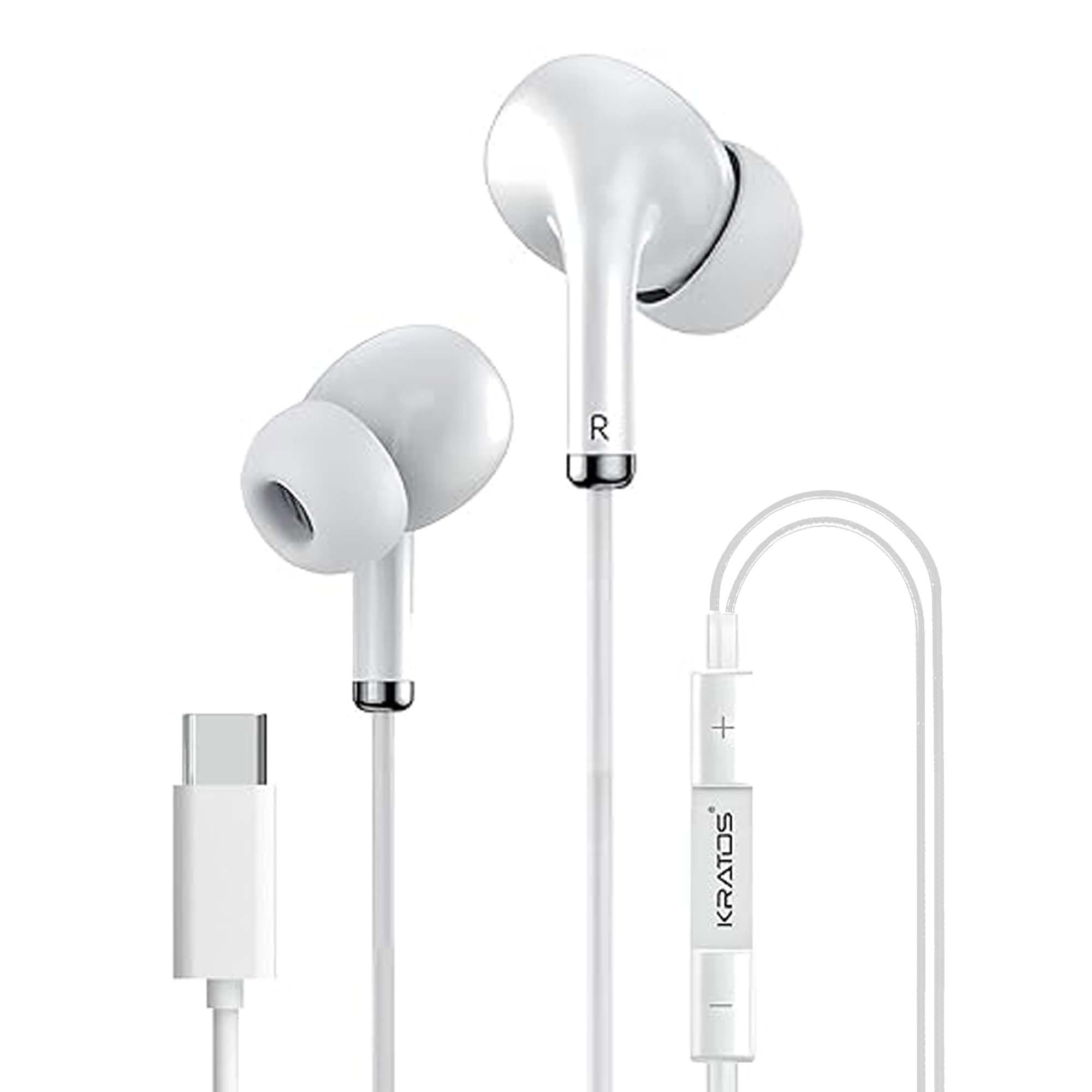 Kratos Tune V5 C Type Earphones Wired, 13mm Bass Drivers Earphone, Inline Control Type c Headphones with Mic, Sweat Resistant, Comfort Fit Type c Earphone with Volume Control,Metallic c pin Earphones