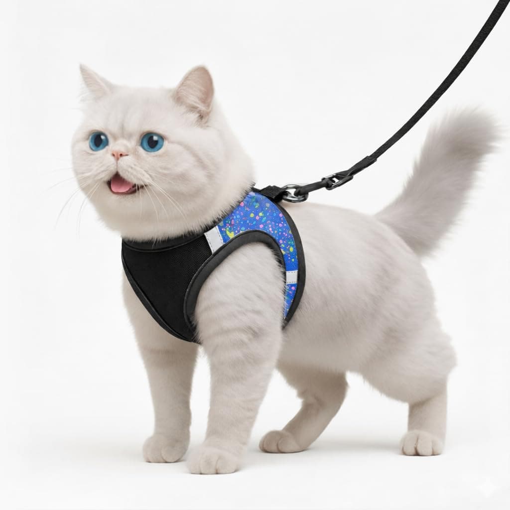 Berlin's Cat Harness with Leash for Outdoor, Walking, Escape Proof, Air Mesh Fabric, Easy Control, Adjustable & Durable Cat Leash with Harness for Cats (Black-Printed Blue, Small)